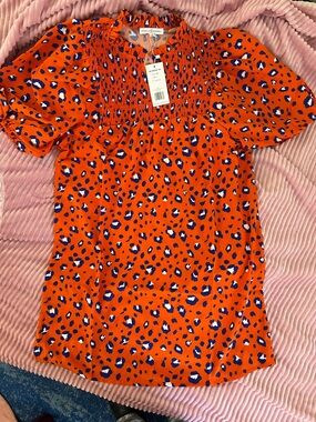 & Other Stories Orange Smocked Midi Dress with Blue Leopard Print